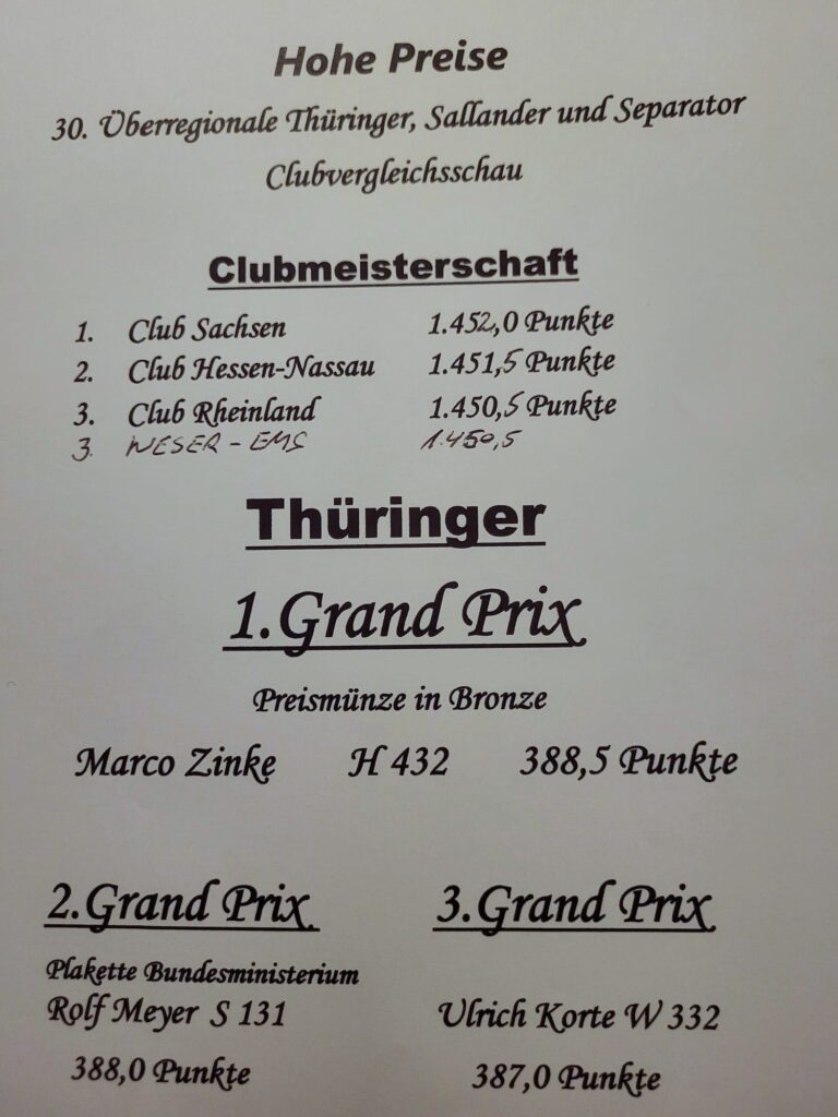 30. Thüringer-, Sallander- und Separator-Club-Vergleichsschau mit 18. Weißgrannen-Club-Vergleichsschau 2025 in Grünberg/Stangenrod, Siegerlisten (2)